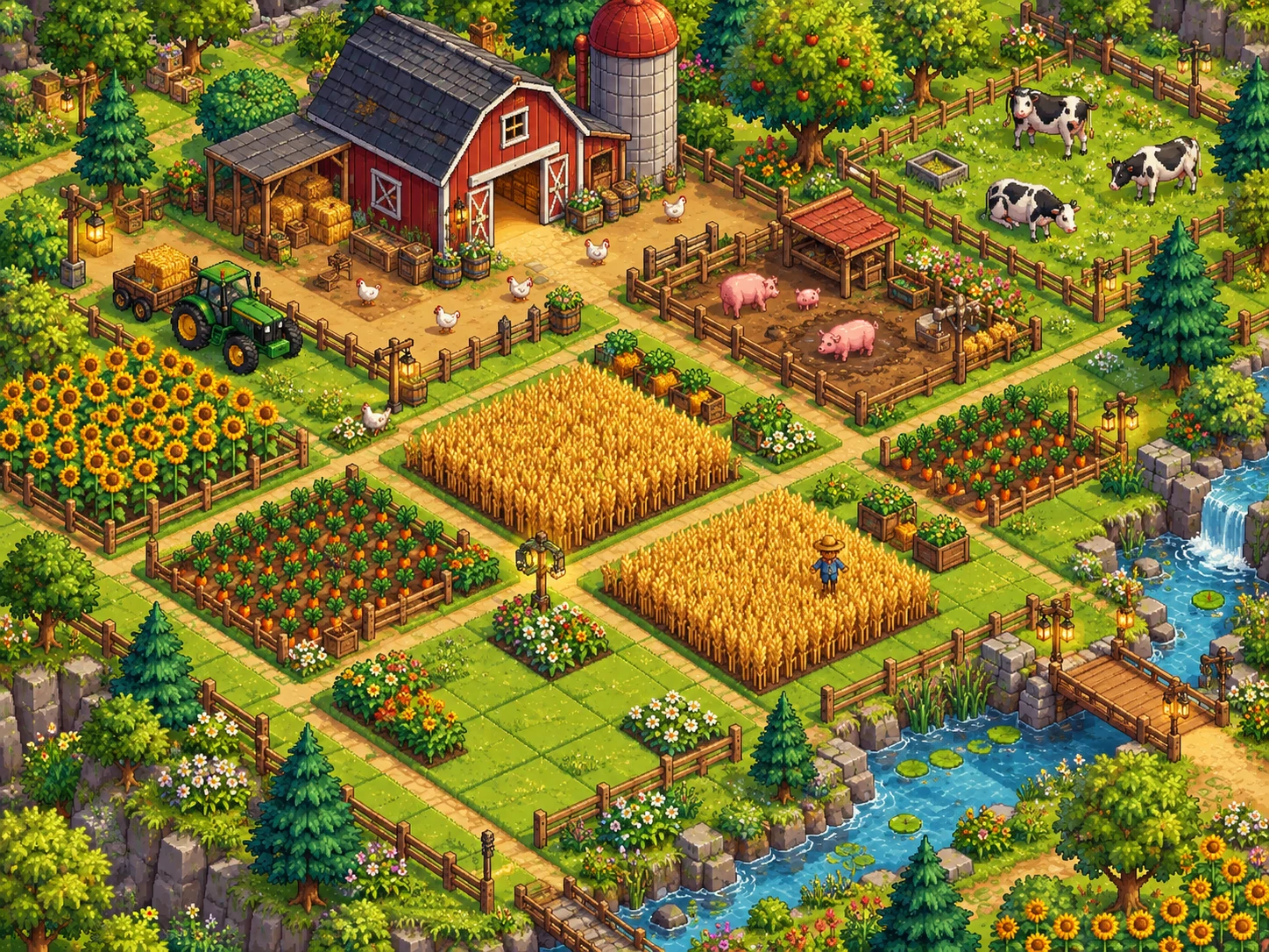 Illustrative tiled farm with crops, tractor, chickens, pigs and cows; concept artwork, not a Tile Farmer screenshot